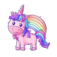 Cute unicorn standing in front of rainbow cartoon vector