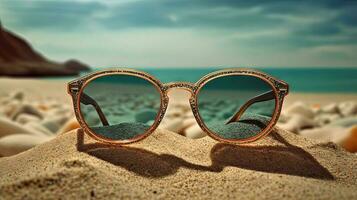 Glasses in the sand of the beach. Vacation scene with sunglass on the shore line. Generative AI. photo