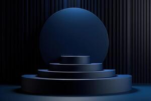 Dark blue pedestal in black room with geometric shapes. Podium for product showcase. . photo