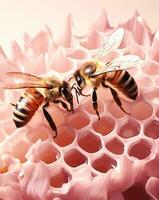 Two honeybees on pink honeycomb photo