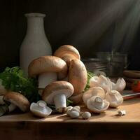 hongos hongos y otro ingredientes a obtener comida en el mesa foto