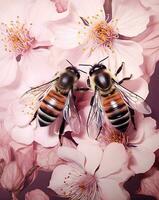 dos abejas en rosado primavera flores y rosado antecedentes foto