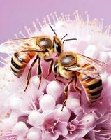 Two honeybees on pink spring flowers and pink background photo