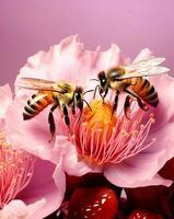 dos abejas en rosado primavera flores y rosado antecedentes foto