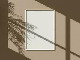 Minimal white vertical picture poster frame mockup on wall leaf shadow photo