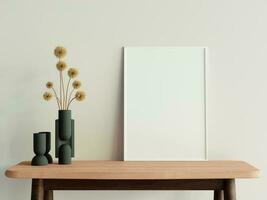 Minimalist living room style with poster photo frame on the wooden table