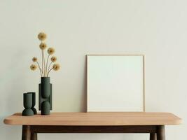 minimalista vivo habitación estilo con póster foto marco en el de madera mesa