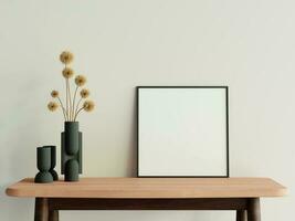 minimalista vivo habitación estilo con póster foto marco en el de madera mesa