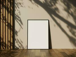 Frame mockup on wooden floor with white wall and leaves shadow photo