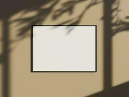 Minimal picture poster frame mockup on the wall with window shadow and leaves photo