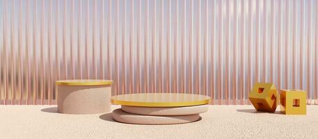 Pink cylinder podium with gold texture in natural clean scene. Stand to show products. Stage showcase with copy space. Pedestal display. Banner size. Website cover template. 3D rendering. photo