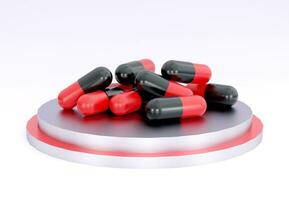 Black and Red Medicine Pills. Pill tablet capsule on metallic podium. 3D Rendering. Dangerous pharmacy concept. Drugs awareness. photo