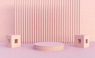 Pastel pink podium with abstract art decorations. Stand to show products. Stage showcase with minimal scene. Pedestal display. 3D rendering. Studio platform template. photo