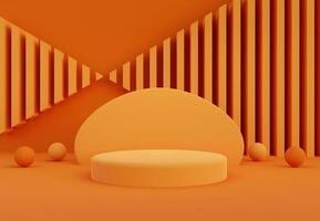 Orange cylinder podium with abstract stripe wall. Stand to show products. Stage showcase with copy space. Pedestal display. 3D rendering. photo