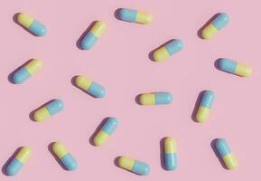 Pastel color Medicine Pills. Yellow and Blue Pills flying down out of container. 3D Rendering. Pharmacy concept. Drugs awareness. photo