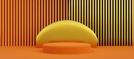 Orange cylinder podium with abstract golden stripe wall. Stand to show products. Stage showcase with copy space. Pedestal display. Banner size. Website cover template. 3D rendering. photo