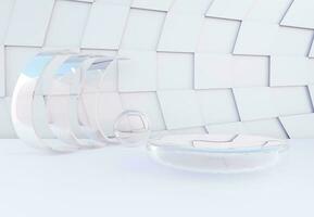Glass podium with abstract art white wall. Stand to show products. Stage showcase with modern white scene. Pedestal display. 3D rendering. Studio platform template. photo