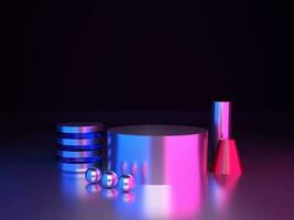 Gradient blue and pink light on podiums with black background. Stand to show products. Stage showcase with modern scene for presentation. Pedestal display. 3D rendering. Studio platform template. photo