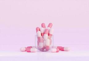 Cute Pink Medicine Pills. Small pills capsule. 3D Rendering. Pharmacy and Healthcare concept. Drugs awareness. photo