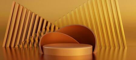 Golden cylinder podium with abstract art objects and stripe walls. Stand to show products. Stage showcase with copy space. Brown pedestal display. Banner size. Website cover template. 3D rendering. photo