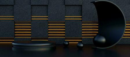 Black cylinder podium with golden abstract wall. Stand to show products. Stage showcase with copy space. Pedestal display. Banner size. Website cover template. 3D rendering. photo