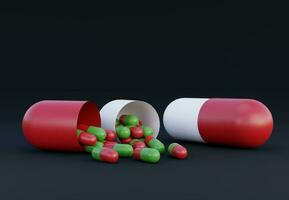 Red and Green Medicine Pills. Tiny pills spill out of big fallen tablet capsule. 3D Rendering. Pharmacy and Healthcare concept. Drugs awareness. photo