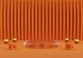 Glass podium with abstract art objects in bright orange. Stand to show products. Stage showcase with modern scene. Pedestal display. 3D rendering. Studio platform template. photo