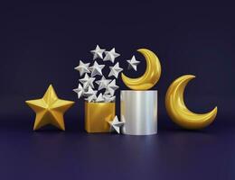 Golden and silver stars and crescent moon on deep blue background Ideal for decoration. Cute scene for presentation. Moon and stars ornaments. 3D Wallpaper. 3D rendering. photo