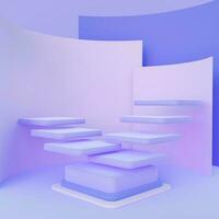 Purple podium align with geometric wall objects. Stand to show products. Stage showcase with empty space for presentation. Pedestal display. Studio platform template. 3D rendering. photo