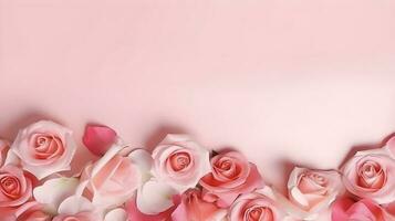 Beautiful pink and white roses on a pink background with copy space. Generative ai photo