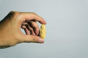 Boiled bean hold by woman's hand with isolated background is good source of protein. Indonesian snacks photo