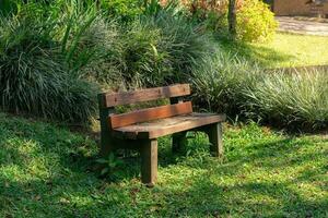 An empty wooden bench sits amidst a lush, leafy park, providing an ideal spot for relaxation and reading. photo