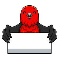 Cute scarlet tanager bird cartoon holding blank sign vector