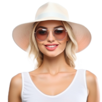 Beautiful girl with sunglasses and summer hat smiling isolated. Illustration AI Generative png