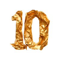 Crumpled gold foil number 10 isolated. Illustration AI Generative png