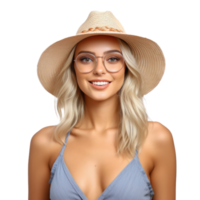 Beautiful girl with sunglasses and summer hat smiling isolated. Illustration AI Generative png