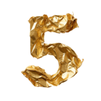 Crumpled gold foil number 5 isolated. Illustration AI Generative png