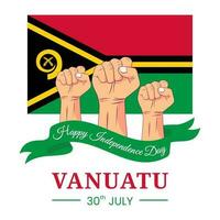 Vector graphic of Happy Vanuatu Independence Day for greeting card with clenched fist and ribbon