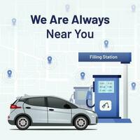 Illustration of filling station with car in various locations. This 3d flat design is perfect for social media posts, marketing and web design concepts. Fuel station area, car service location. vector