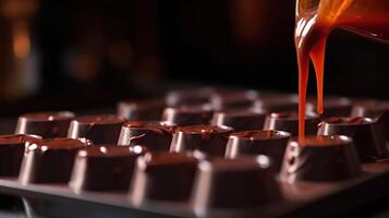 Chocolate Day, a jet of liquid chocolate is poured over various candies. . photo