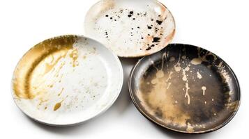 Dirty unwashed dishes with leftover food. Clutter concept. White background, isolate. . photo