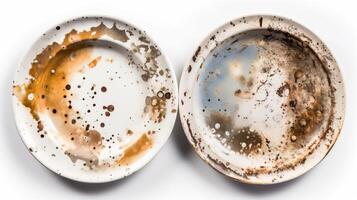 Dirty unwashed dishes with leftover food. Clutter concept. White background, isolate. . photo