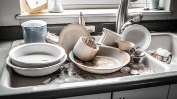 Dirty unwashed dishes with leftover food. Kitchen interior, sink. AI generated. photo