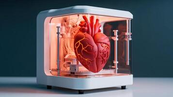 3D printer prints a human heart. Medical implantation of organs. . photo