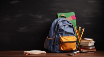 Back to school, student colored backpack with textbooks, kickball and ballpoint pens. AI generated. photo