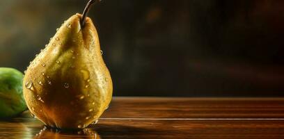 Fresh pears background, top view, farm organic fruits. AI generated. photo