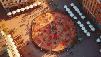 Giant traditional street fast food pepperoni pizza in the city square, top view. AI generated. photo