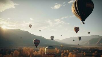 Colored balloons fly in the clouds in the sun over the mountains, hills. AI generated. photo