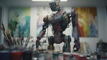 Robot, artificial intelligence, paints a picture with colored paints. . photo