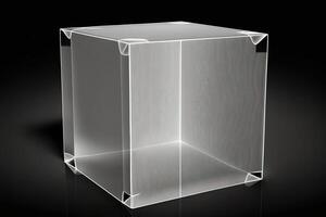 Empty podium pedestal transparent cube for product presentation, dark background. AI generated. photo